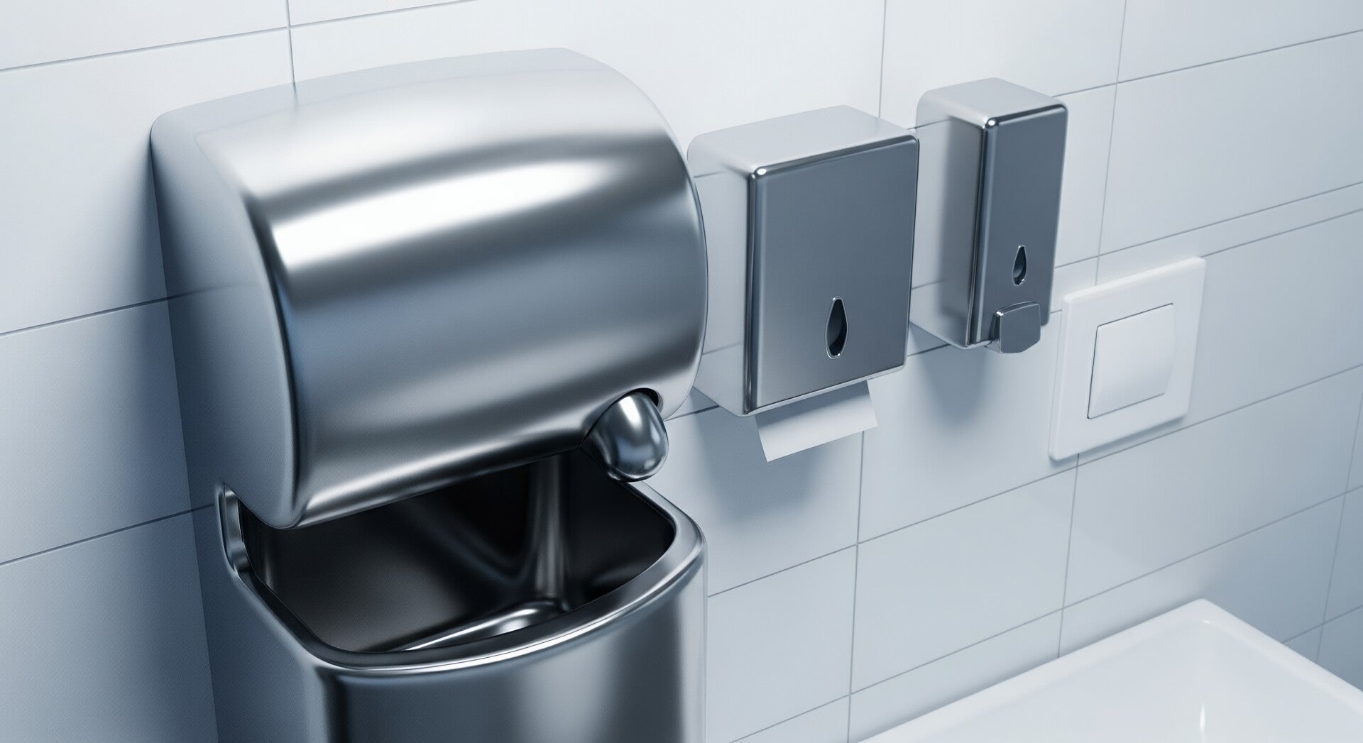 Wall-mounted paper and soap dispensers